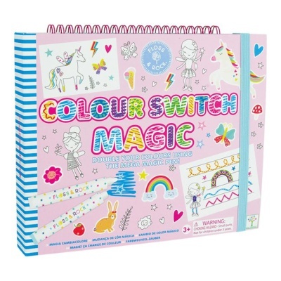 Jogo de cor Colour Switch Magic com desenhos coloridos, duas canetas e elástico azul claro