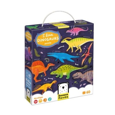 Caixa de puzzle I Love Dinosaurs com dinossauros coloridos e 60 peças