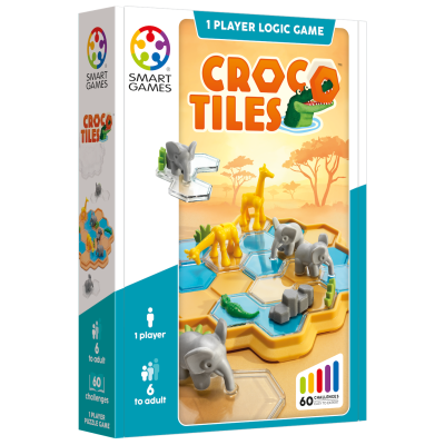 Capa do jogo de lógica Croco Tiles com peças de animais e tabuleiro hexagonal colorido