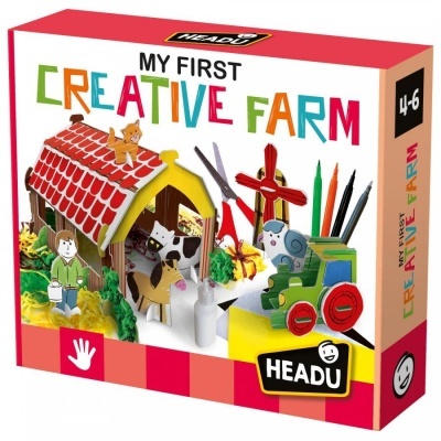 Caixa colorida de brinquedo MY FIRST CREATIVE FARM com quinta, animais, figura humana, trator e lápis de cor