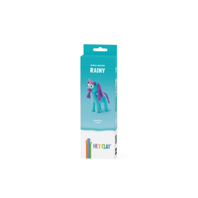 Embalagem azul e branca de massa de modelar HEY CLAY com desenho de unicórnio azul e roxo