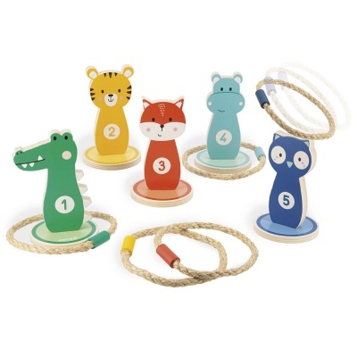 Conjunto de figuras de madeira para jogo de argolas com animais numerados 1 a 5 e argolas de corda