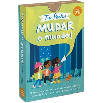 Caixa de jogo 'Tu Podes MUDAR o mundo!' com ilustrações coloridas de crianças e texto informativo.