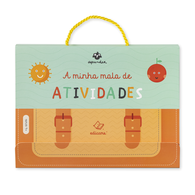 Mala de atividades infantil verde-água e laranja com desenhos sorridentes e texto colorido