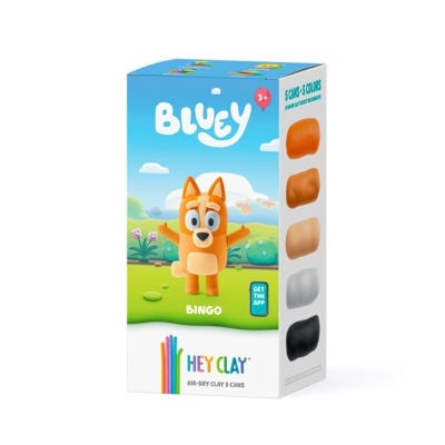 Embalagem de massinha de modelar Hey Clay com personagem Bingo e cinco cores visíveis