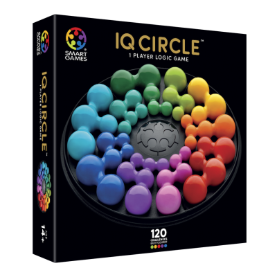 Caixa do jogo de lógica IQ Circle com peças coloridas em círculo.