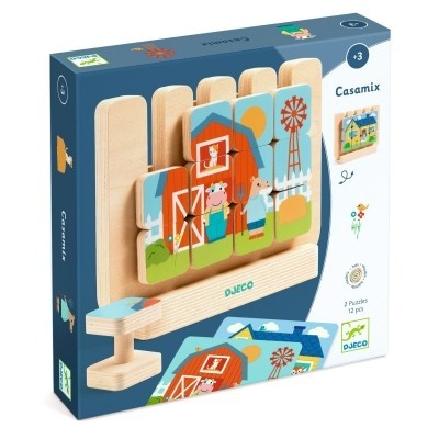 Conjunto de puzzles em madeira Djeco Casamix com 12 peças e ilustrações de quinta coloridas.