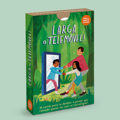 Embalagem verde com ilustração de crianças e telemóvel e texto em português