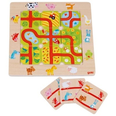 Quebra-cabeças de madeira com peças coloridas e animais de fazenda, marca goki