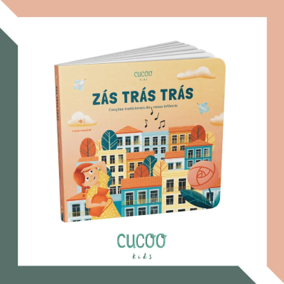 Livro infantil musical Zás Trás Trás com ilustração de casas e menina no exterior.