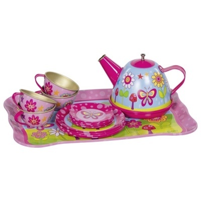 Conjunto de chá infantil colorido com flores e borboletas em metal e plástico