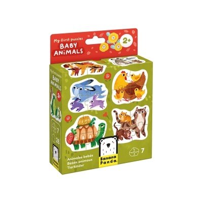 Puzzle de animais para bebés em caixa verde e vermelha com imagens de coelhos, galinhas, tartaruga e guaxinins.