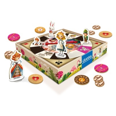 Jogo de tabuleiro Alice com figuras de papel/cartão, disco giratório, fichas numeradas e embalagem colorida com flamingos