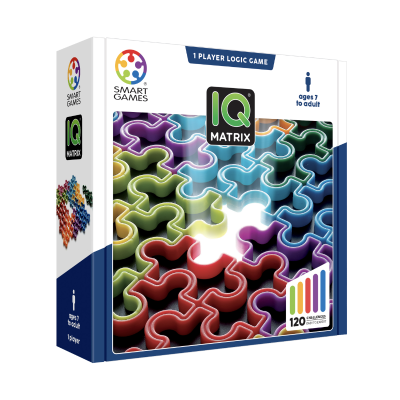 Caixa do jogo IQ Matrix com peças coloridas de puzzle