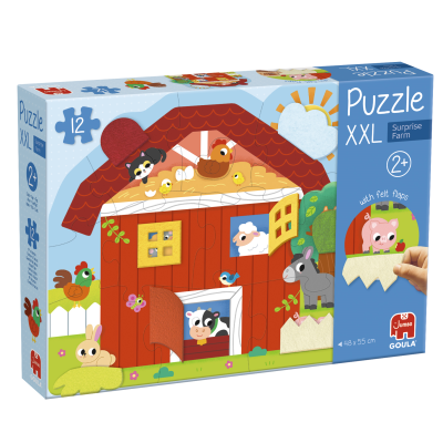 Caixa de puzzle XXL celeiro vermelho com animais da quinta e abas de feltro