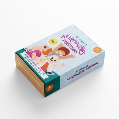 Caixa de jogo com ilustrações coloridas intitulada 'As Mãos Afirmacões Positivas'