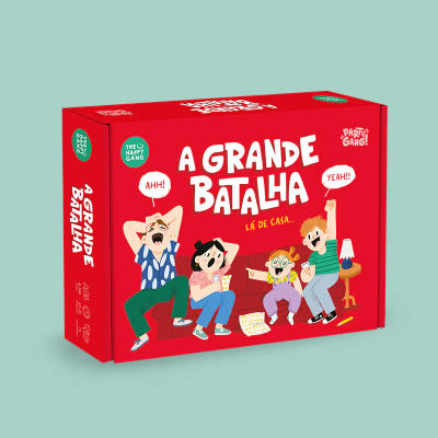 Caixa vermelha de jogo de tabuleiro com ilustração de personagens animados no sofá