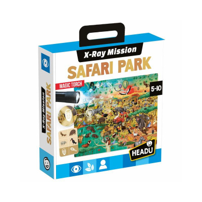 Caixa do jogo X-Ray Mission Safari Park com lanterna mágica e imagem de safári colorida