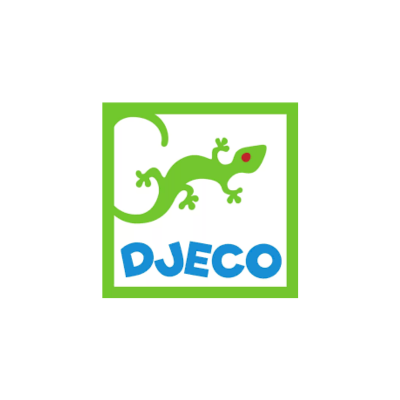 Logótipo da DJECO com lagarto verde e texto azul