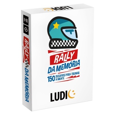 Caixa branca de jogo de memória Rally da Memória com capacete azul e texto colorido.