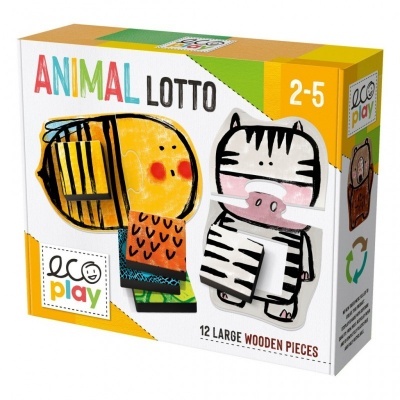 Caixa do jogo Animal Lotto com peças grandes de madeira ilustradas com animais coloridos