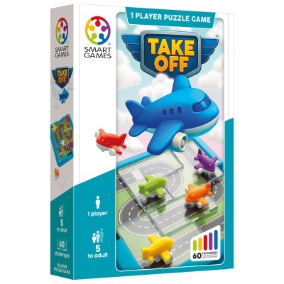 Jogo puzzle TAKE OFF com aviões coloridos e tabuleiro com pista