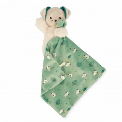 Manta de bebé com peluche de cão e mantinha verde com padrão