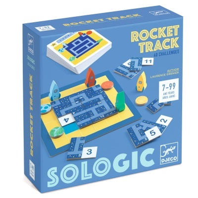 Caixa de jogo Rocket Track azul com peças de madeira e tabuleiro amarelo e azul