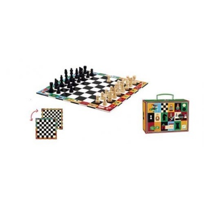 Conjunto de xadrez com tabuleiro colorido, peças e caixa de transporte colorida