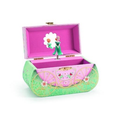 Caixa musical decorativa verde com figura de princesa e interior rosa