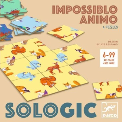 Embalagem de puzzle Sologic com ilustrações de animais em várias cores