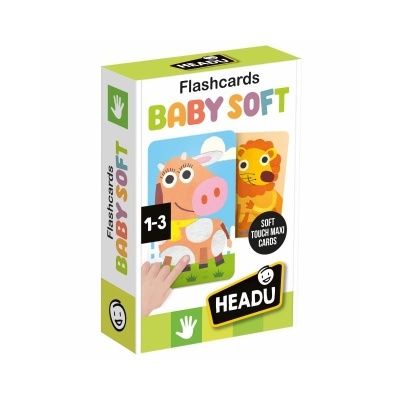 Caixa de flashcards BABY SOFT com ilustrações de vaca e leão, marca HEADU