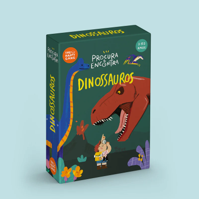 Caixa de jogo infantil com ilustrações de dinossauros e criança, texto PROCURA E ENCONTRA DINOSSAUROS