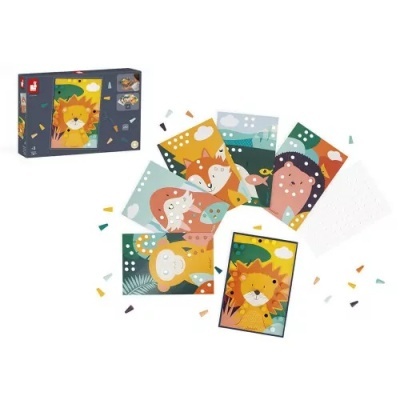 Cartas ilustradas de animais coloridos com confetes e caixa preta.