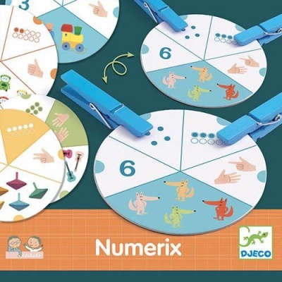 Jogo educativo Numerix de disco redondo com números, desenhos e pinças azuis