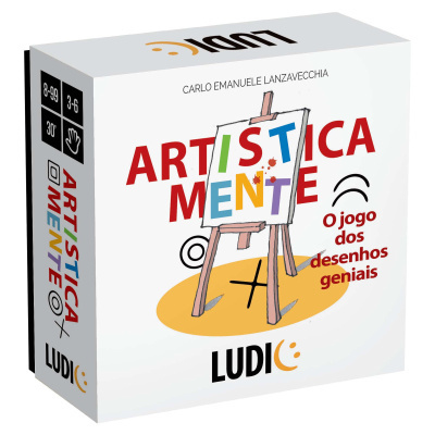 Caixa de jogo de tabuleiro ARTÍSTICA MENTE com letras coloridas e ilustração de cavalete