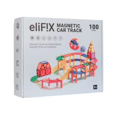 Caixa branca com pista de carros magnética colorida eliF!X com 100 peças