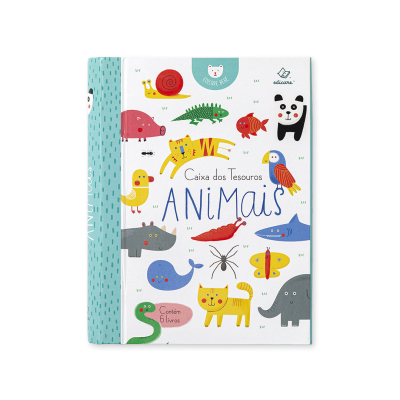 Livro infantil com capa branca ilustrada com desenhos de animais coloridos e texto 'Caixa dos Tesouros ANIMAIS'