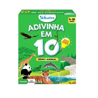 Jogo de tabuleiro 'Adivinha em 10 Reino Animal' com imagens de diversos animais em fundo verde.