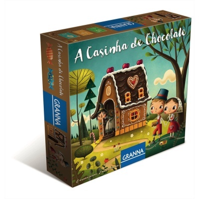Caixa de jogo de tabuleiro com ilustração de casa de chocolate e personagens numa floresta