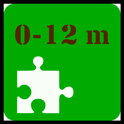 Ícone de peça de puzzle branca sobre fundo verde com texto 0-12 m castanho