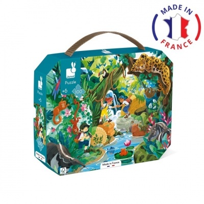 Caixa de puzzle Janod com ilustração de floresta, crianças e animais
