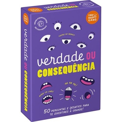 Caixa do jogo Verdade ou Consequência roxa com ilustrações de olhos e bocas