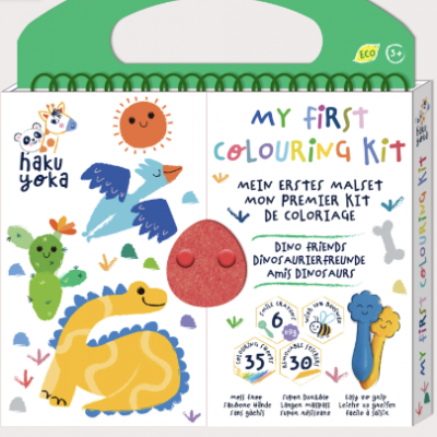Kit de coloração infantil com tema de dinossauros, embalagem com alça verde