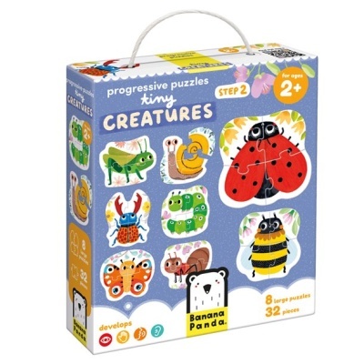 Caixa de puzzle infantil com imagens de insectos coloridos, 8 puzzles grandes, 32 peças, embalagem roxa com alça.
