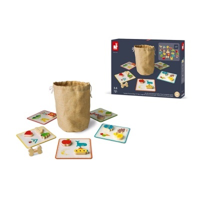 Jogo de correspondência infantil com cartas, peças de madeira e saco de pano