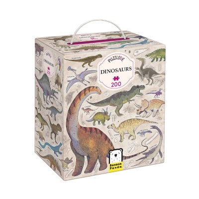 Caixa de puzzle de 200 peças com ilustrações de dinossauros coloridos e alça branca