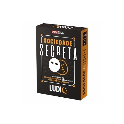 Embalagem do jogo de cartas Sociedade Secreta, preta e laranja