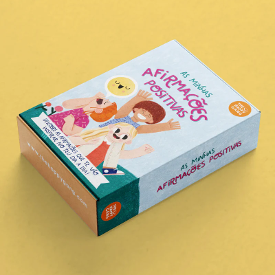 Caixa de cartão de jogo com texto AS MINHAS AFIRMAÇÕES POSITIVAS e ilustração colorida