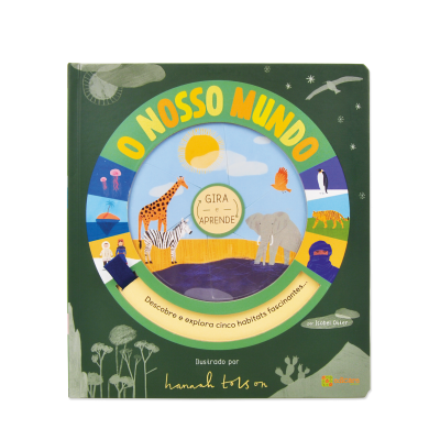 Capa de livro infantil O Nosso Mundo com animais e texto em português